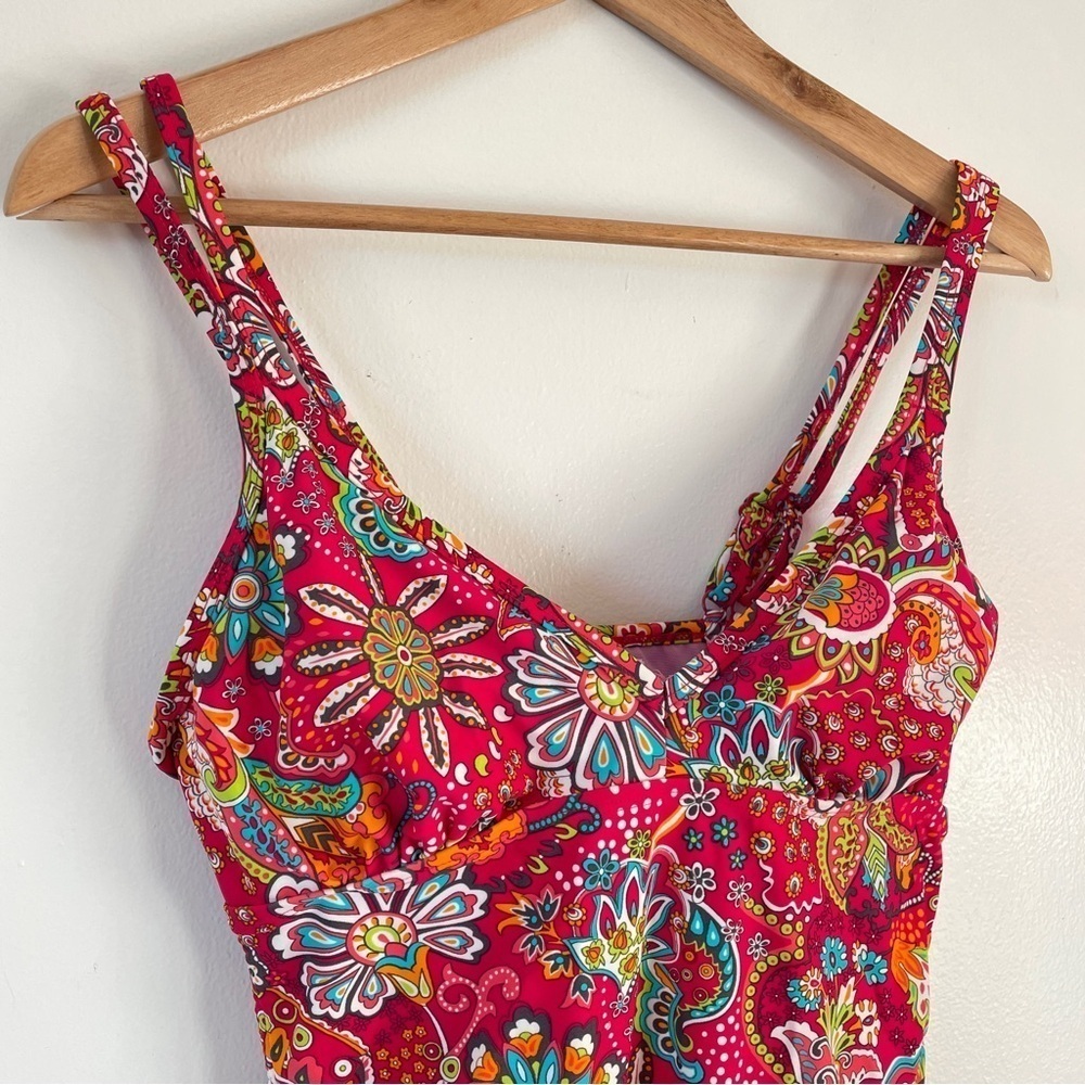 Athleta Tankini Montego Red Paisley Swimsuit Bikini Top side shirring 34 D/DD - Picture 2 of 9